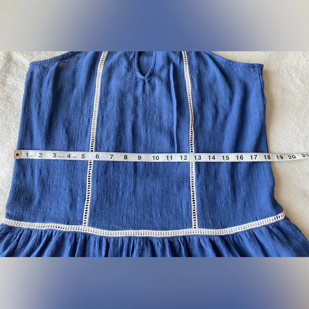 SAGE the Label Blue Halter Mini Dress White Ric Rac Trim Keyhole Neck Small - Picture 11 of 12